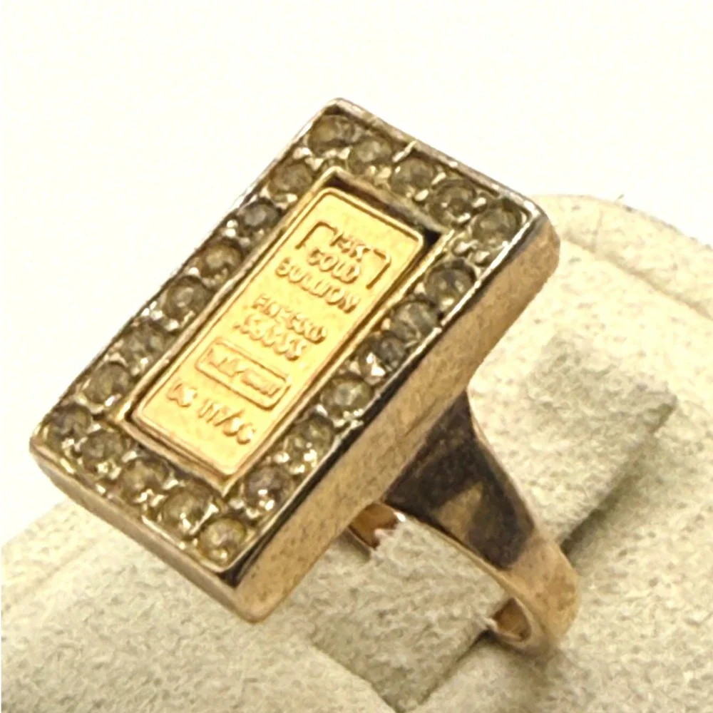 Vintage Faux Gold Bullion Bar Statement Ring Rhinestone Halo Gold Tone Size 7.5